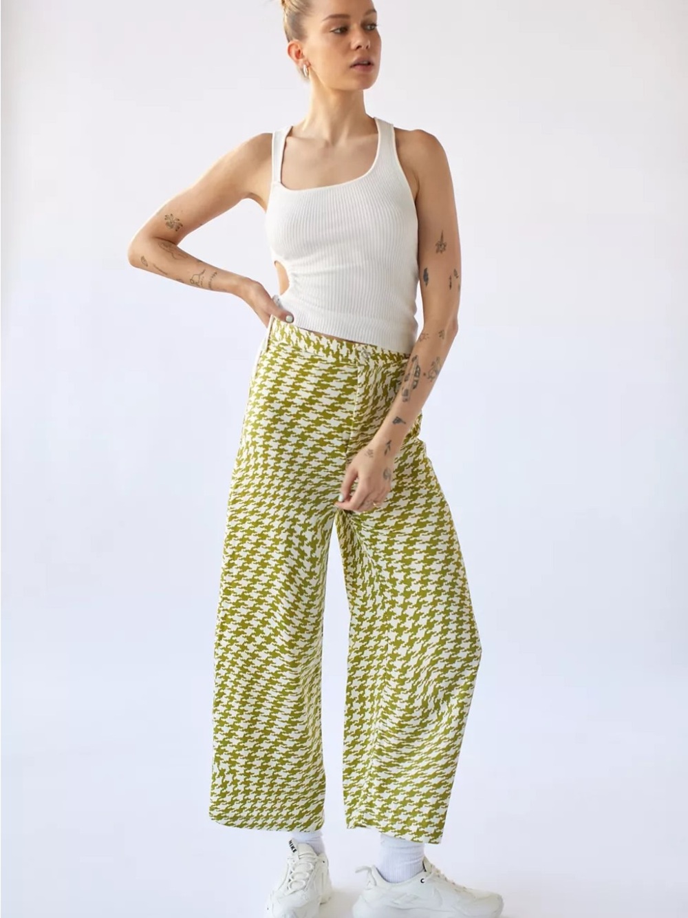 Urban Outfitters Olive Green Houndstooth Wide Leg Pants